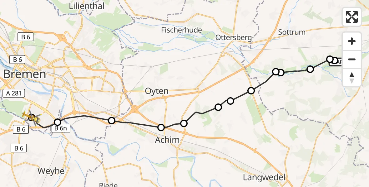 Routekaart van de vlucht: Rettungshubschrauber nach ADAC Air Rescue Station Bremen Heliport (Christoph 6)