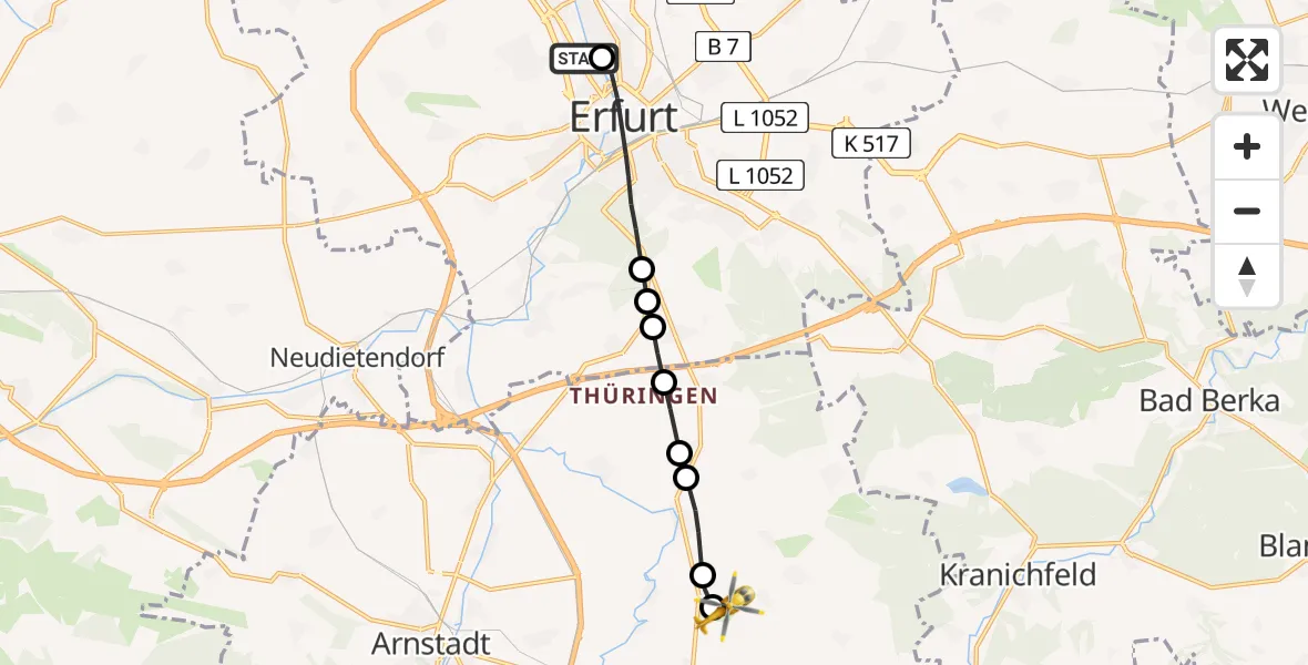 Routekaart van de vlucht: Rettungshubschrauber nach Arnstadt-Alkersleben Airfield