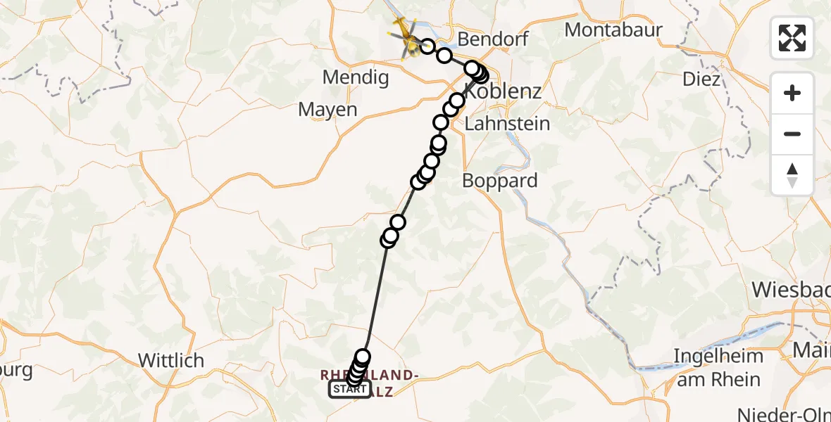 Flugroute Rettungshubschrauber Frankfurt-Hahn Airport - Andernach, 09 März 2026, 17:02