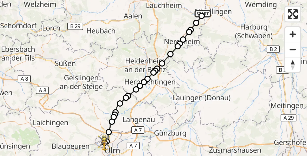 Flugroute Rettungshubschrauber Nähermemmingen - Ulm Military Hospital Emergency Heliport, 09 März 2026, 17:02