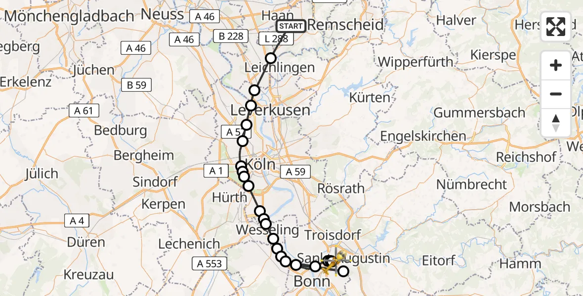 Flugroute Ambulanzhubschrauber Solingen - Bonn-Hangelar Airfield, 09 März 2026, 17:03