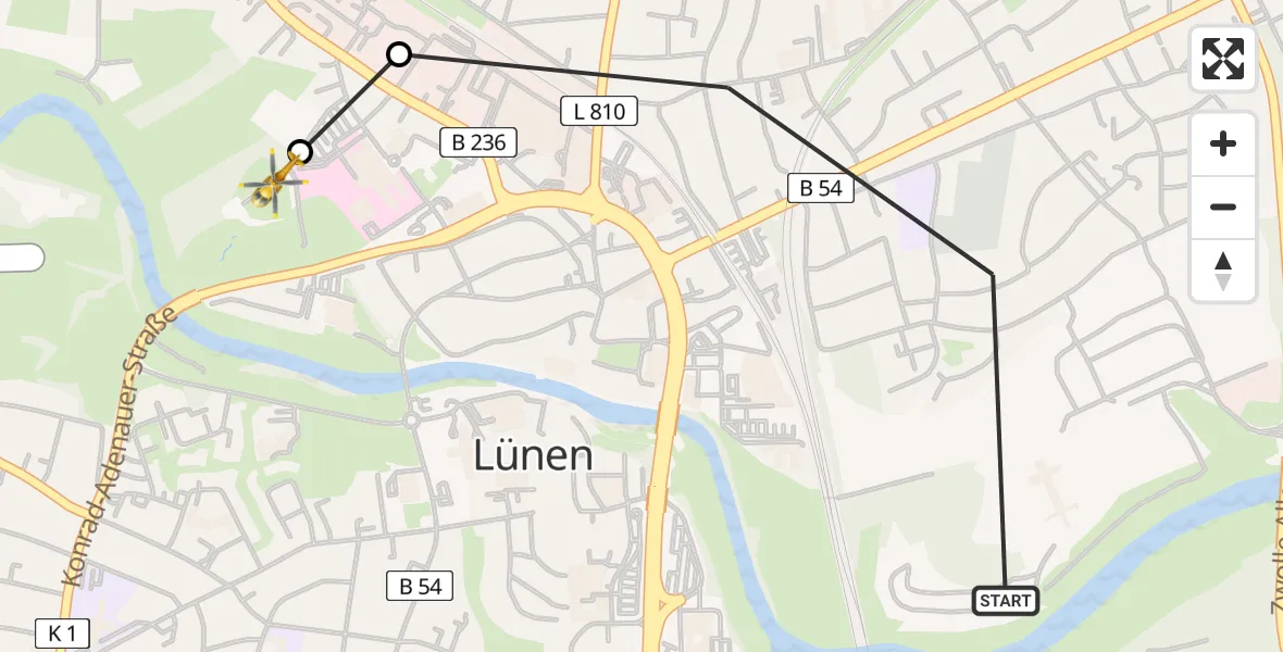 Flugroute Rettungshubschrauber Lünen - Sankt Marien Hospital, 09 März 2026, 17:04