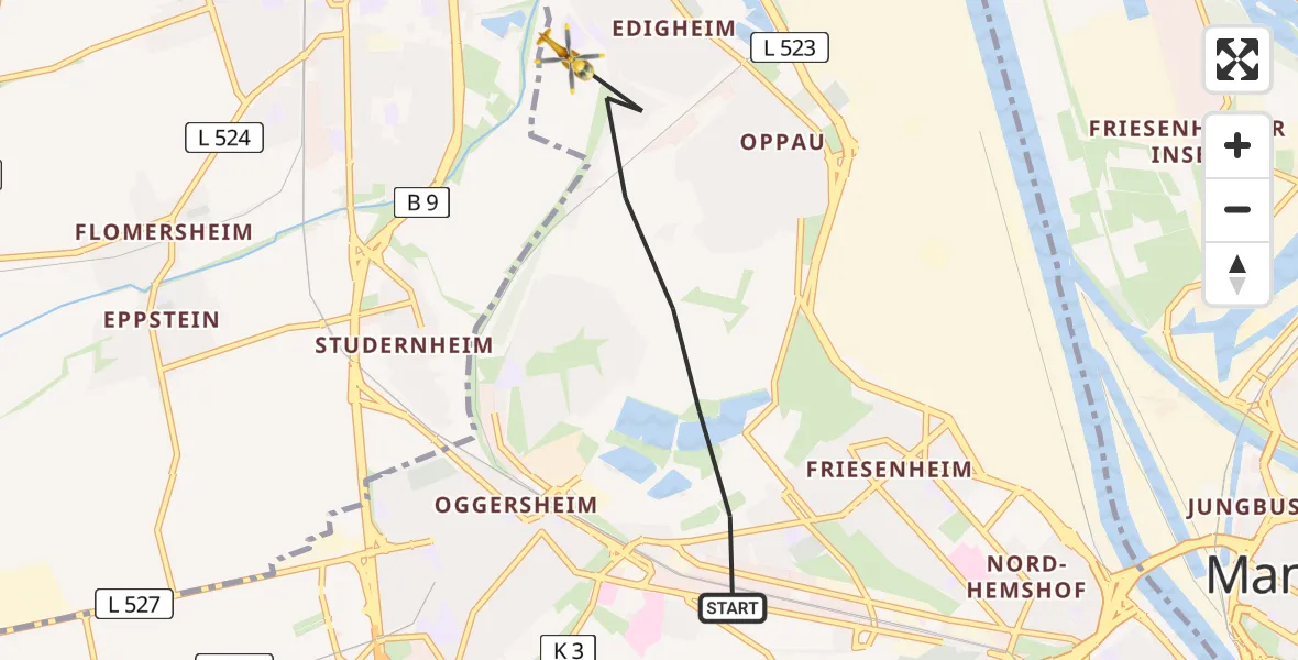 Flugroute Rettungshubschrauber Ludwigshafen am Rhein - Ludwigshafen am Rhein, 09 März 2026, 17:09