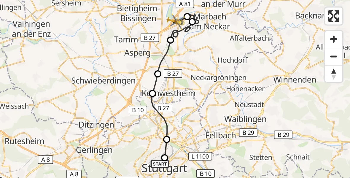 Flugroute Rettungshubschrauber Stuttgart - Freiberg am Neckar, 09 März 2026, 17:38