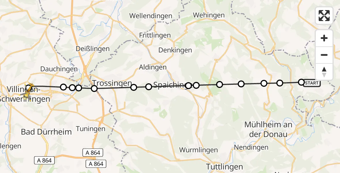 Routekaart van de vlucht: Rettungshubschrauber nach DRF Air Rescue Station Villingen-Schwenningen Heliport (Christoph 11)