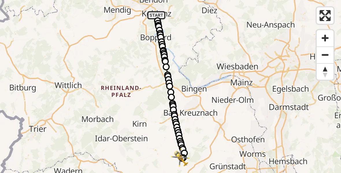 Flugroute Rettungshubschrauber Koblenz - Imsweiler UL, 09 März 2026, 17:41
