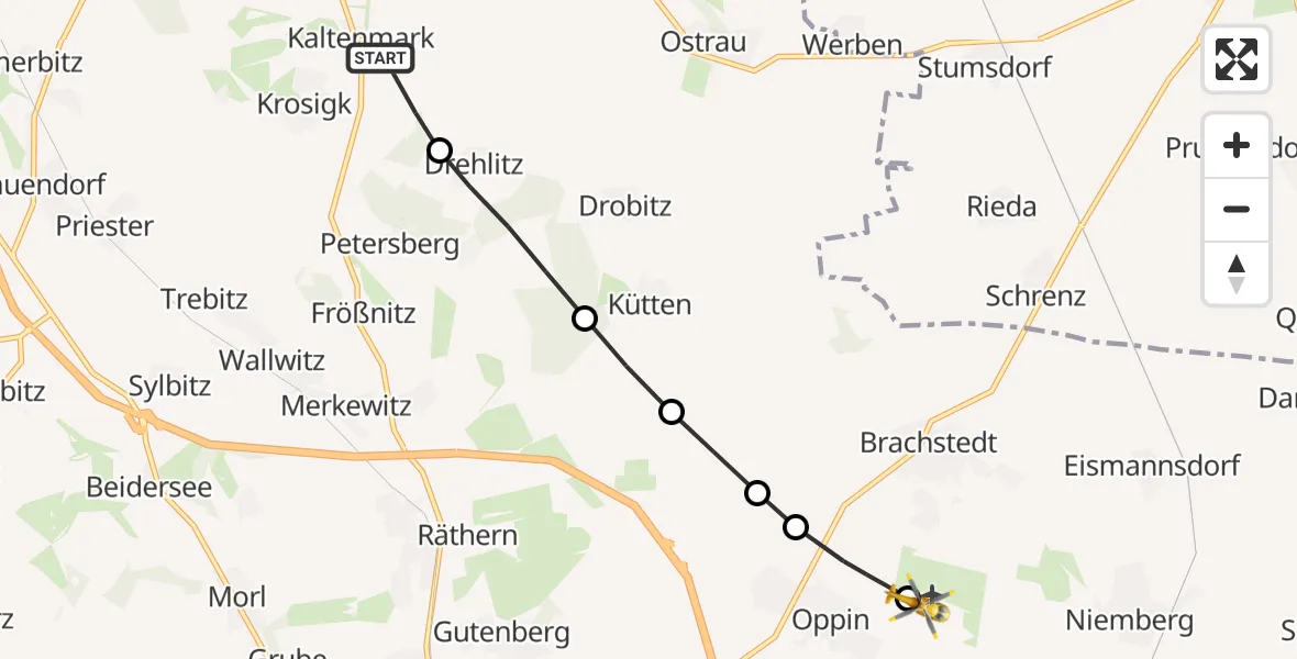 Flugroute Ambulanzhubschrauber Petersberg - Halle-Oppin Airfield, 09 März 2026, 17:45