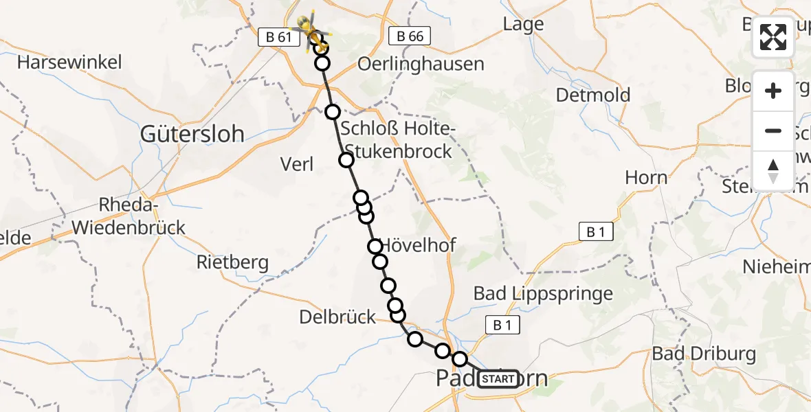 Flugroute Rettungshubschrauber Paderborn - Luftrettungszentrum Bielefeld, 09 März 2026, 17:55