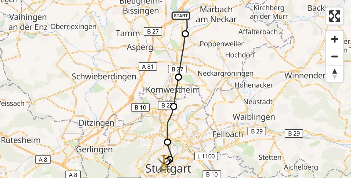 Routekaart van de vlucht: Rettungshubschrauber nach Stuttgart, Kriegsbergstraße