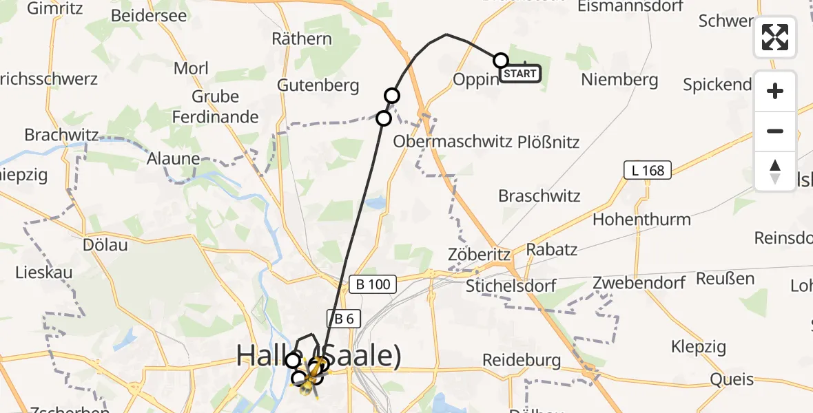 Flugroute Ambulanzhubschrauber Halle-Oppin Airfield - Sankt Elisabeth and Sankt Barbara Hospital Halle (Saale), 09 März 2026, 18:45