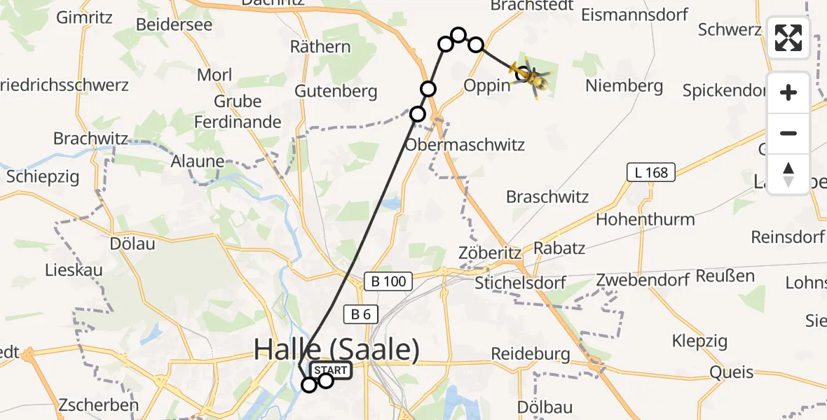 Flugroute Ambulanzhubschrauber Sankt Elisabeth and Sankt Barbara Hospital Halle (Saale) - Halle-Oppin Airfield, 09 März 2026, 18:55