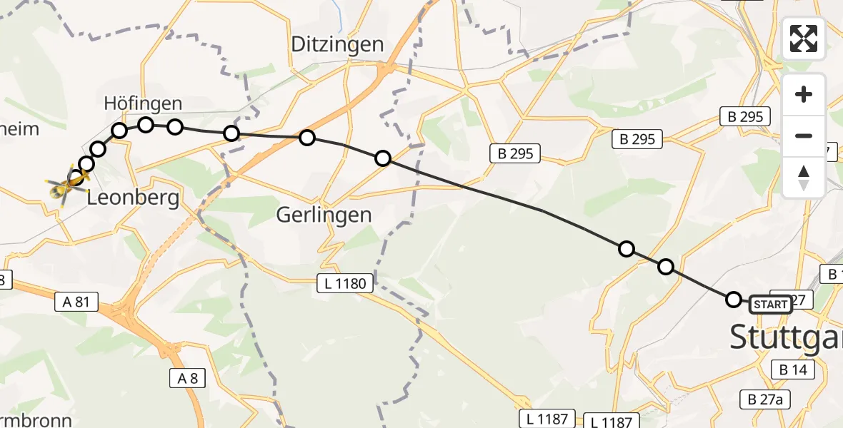 Routekaart van de vlucht: Rettungshubschrauber nach Leonberg Hospital