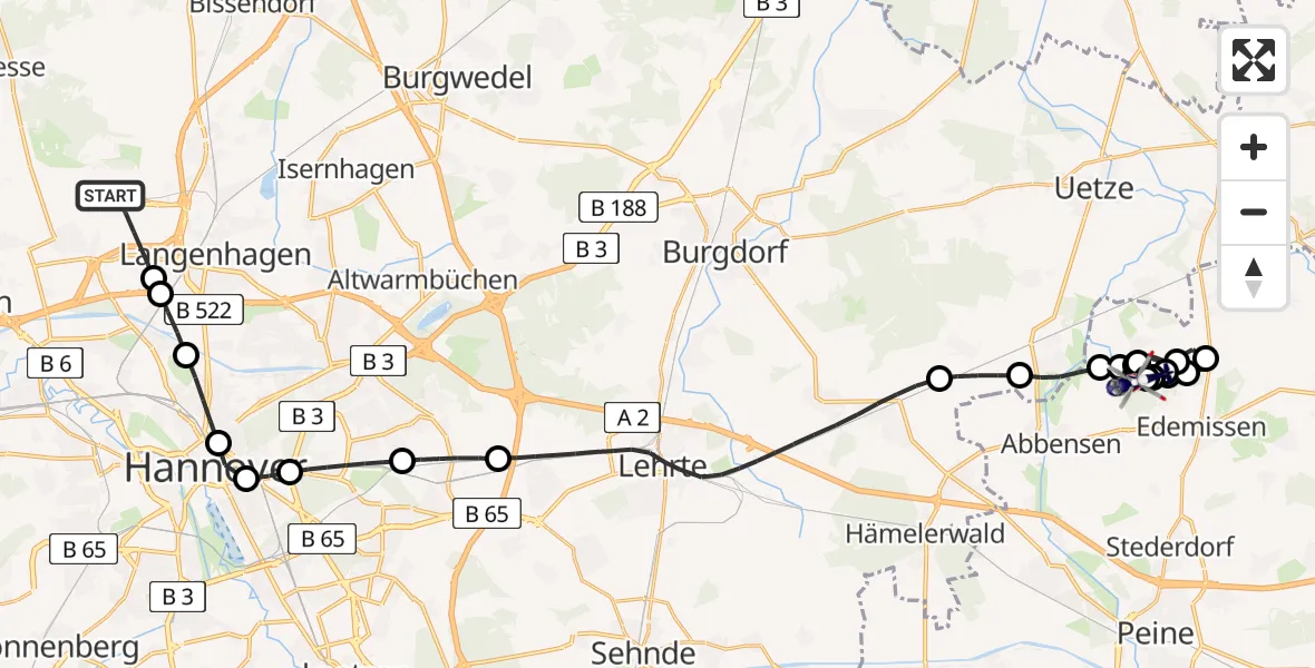 Flugroute Polizeihubschrauber Hannover Airport - Flugplatz Peine-Eddesse, 09 März 2026, 19:47