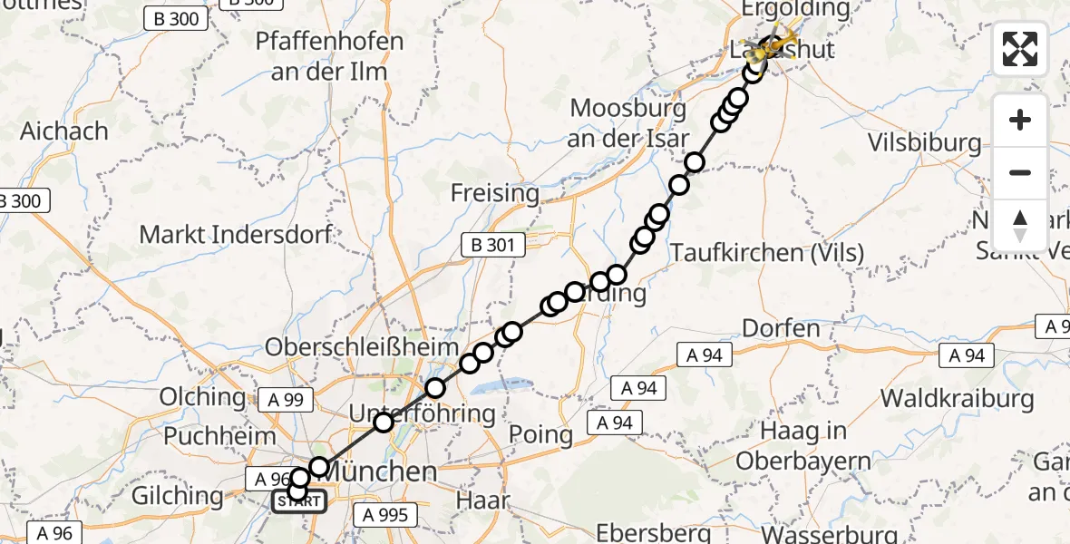 Routekaart van de vlucht: Ambulanzhubschrauber nach Landshut Hospital
