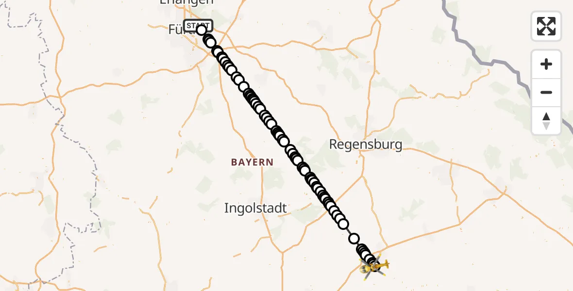 Flugroute Ambulanzhubschrauber Nuremberg Airport - Lakumed Hospital Landshut-Achdorf, 09 März 2026, 19:59
