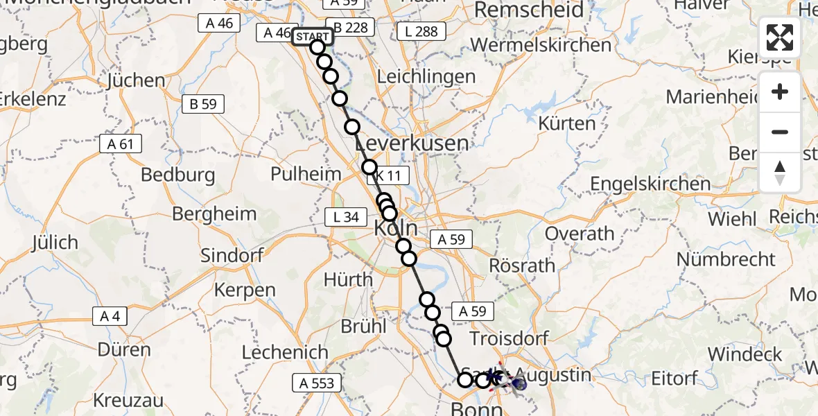 Flugroute Polizeihubschrauber Stadtbezirk 9 - Sankt Augustin, 09 März 2026, 20:08