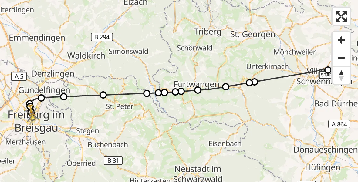 Flugroute Rettungshubschrauber DRF Air Rescue Station Villingen-Schwenningen Heliport (Christoph 11) - Freiburg University Hospital Heliport 1, 09 März 2026, 20:09