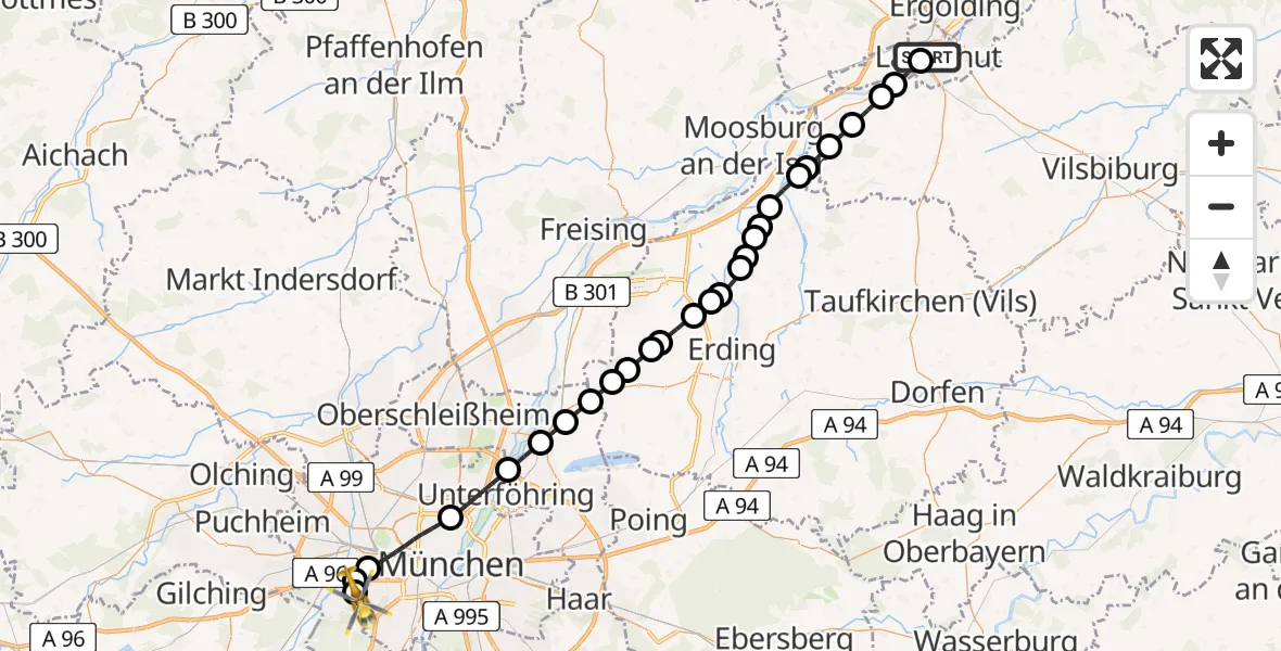 Flugroute Ambulanzhubschrauber Landshut Hospital - DRF Air Rescue München Heliport, 09 März 2026, 21:15