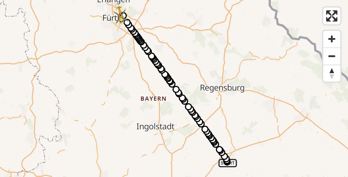 Flugroute Ambulanzhubschrauber Lakumed Hospital Landshut-Achdorf - Nuremberg Airport, 09 März 2026, 21:22