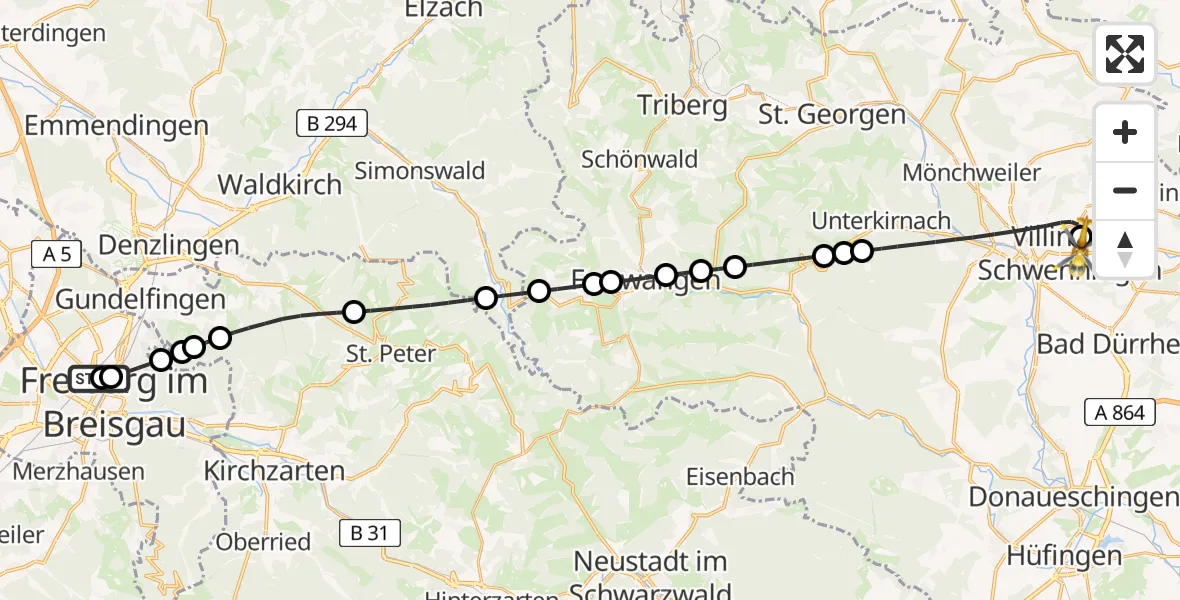 Flugroute Rettungshubschrauber Freiburg University Hospital Heliport 1 - DRF Air Rescue Station Villingen-Schwenningen Heliport (Christoph 11), 09 März 2026, 21:30