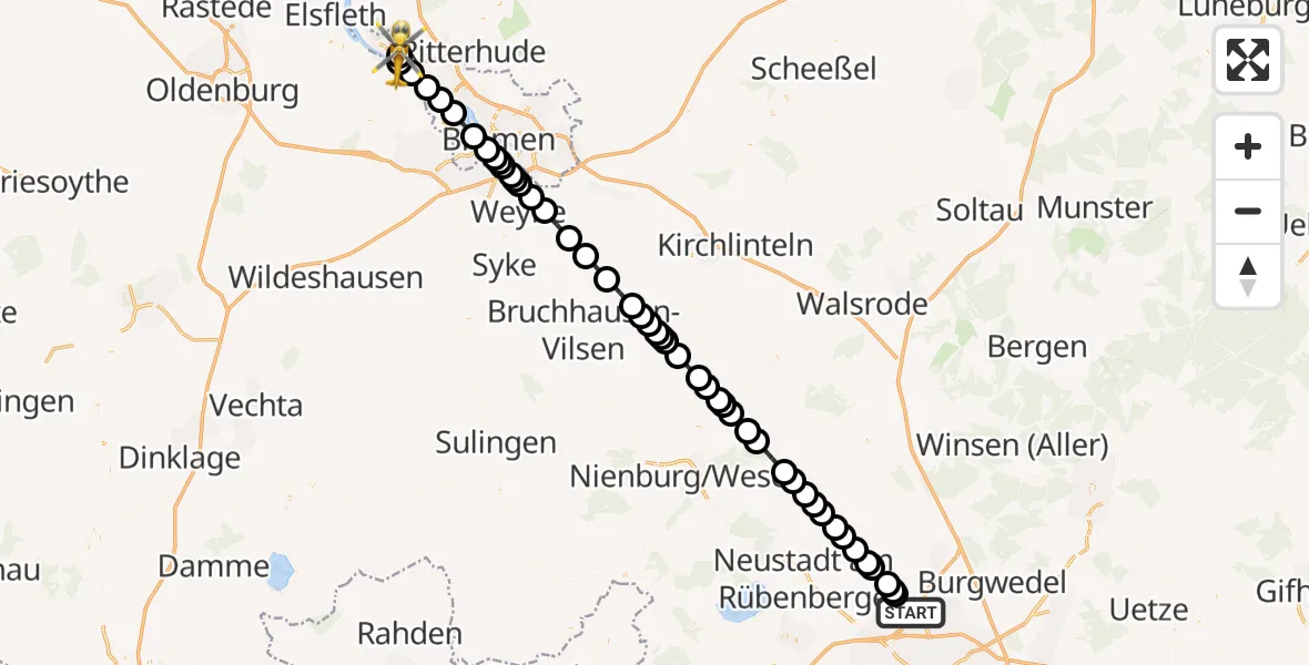 Flugroute Ambulanzhubschrauber Hannover Airport - Beckedorf, 09 März 2026, 22:31