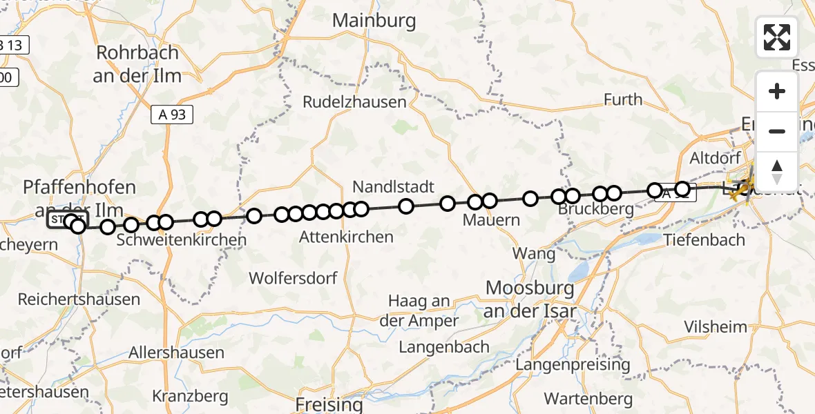 Flugroute Ambulanzhubschrauber Ilmtal Hospital Pfaffenhofen - Landshut Hospital, 09 März 2026, 23:00