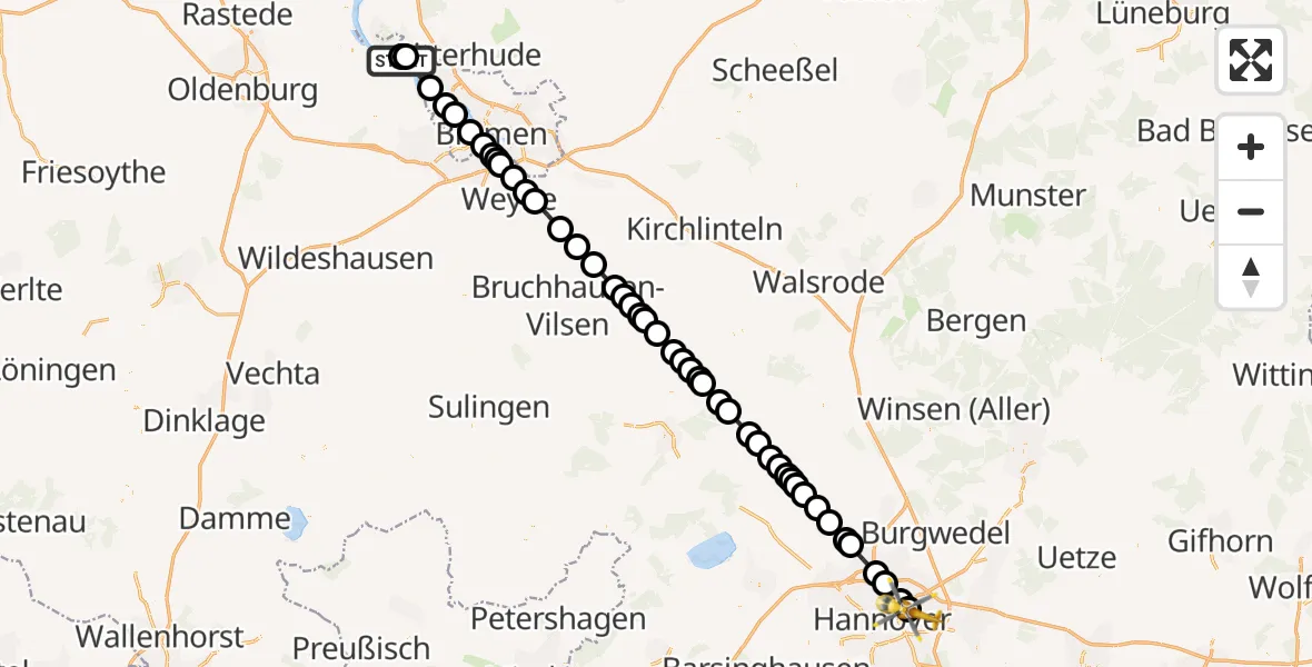 Flugroute Ambulanzhubschrauber Beckedorf - Hannover Air Rescue Heliport (Christoph 4), 09 März 2026, 23:41