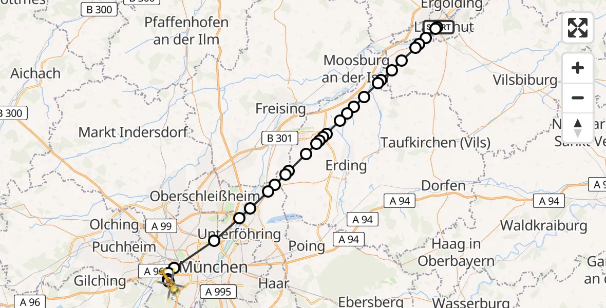 Flugroute Ambulanzhubschrauber Landshut Hospital - DRF Air Rescue München Heliport, 10 März 2026, 00:00