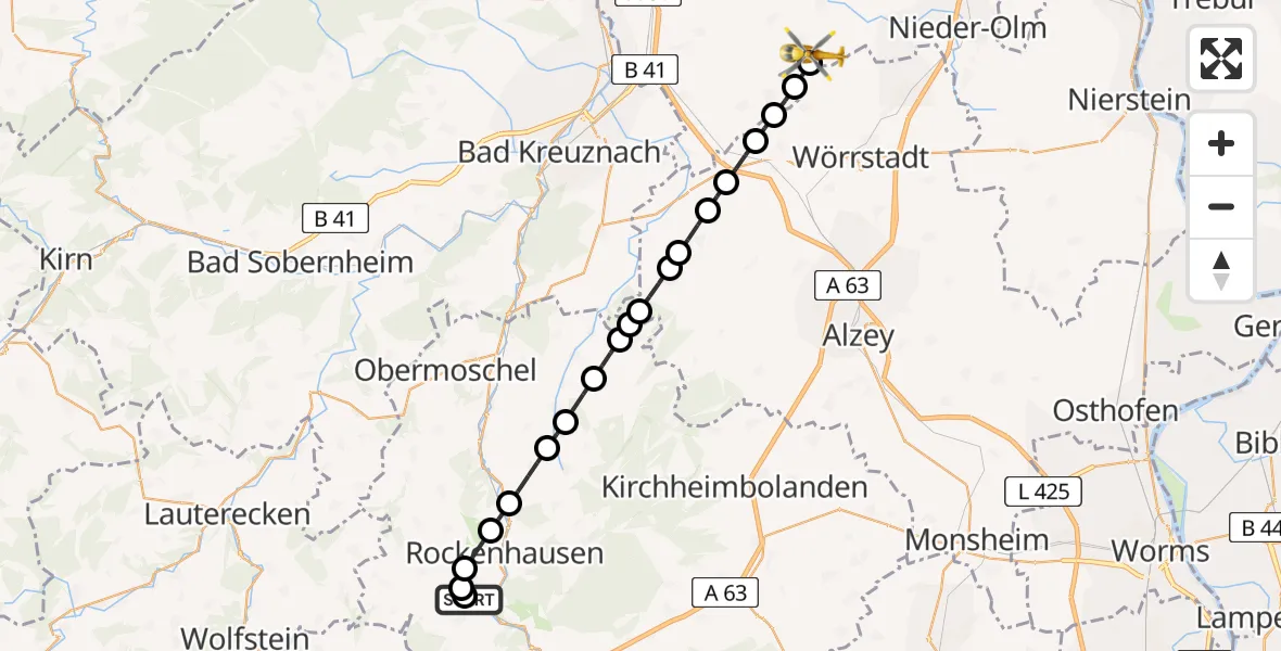 Flugroute Rettungshubschrauber Imsweiler UL - Jugenheim in Rheinhessen, 10 März 2026, 06:05