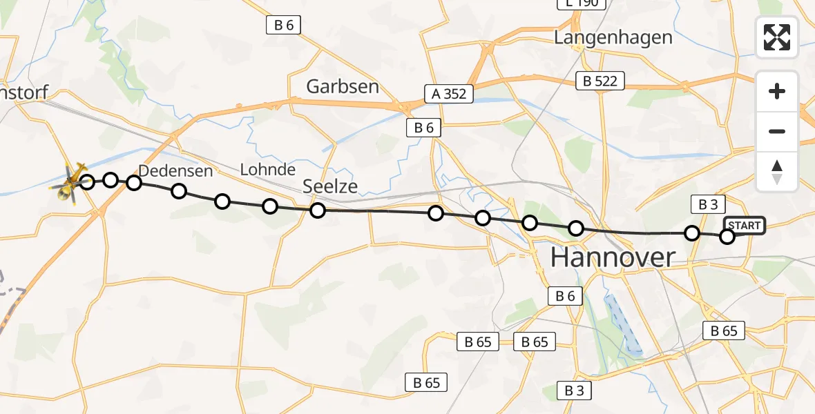 Flugroute Rettungshubschrauber Hannover Air Rescue Heliport (Christoph 4) - Kolenfeld, 10 März 2026, 06:26