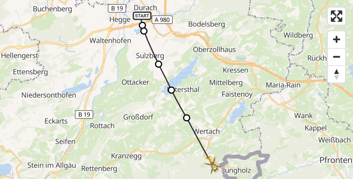 Flugroute Rettungshubschrauber Kempten-Durach Airfield - Wertach, 10 März 2026, 06:41
