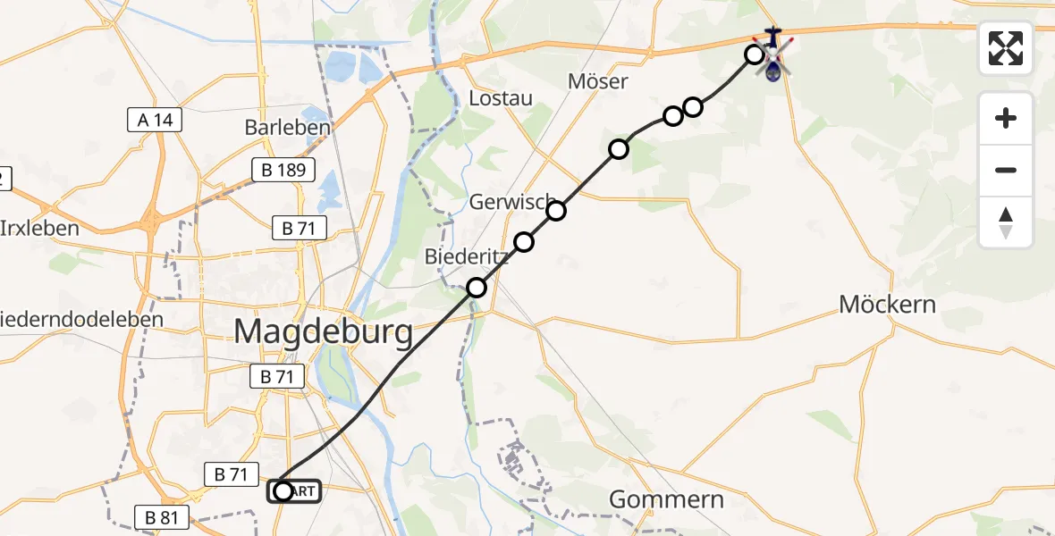 Flugroute Polizeihubschrauber Magdeburg City Airfield - Burg, 10 März 2026, 06:43