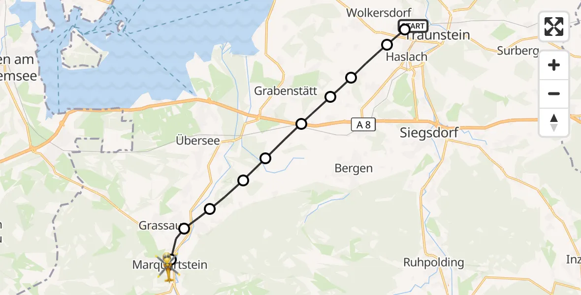 Flugroute Rettungshubschrauber Traunstein Hospital - Marquartstein, 10 März 2026, 06:45