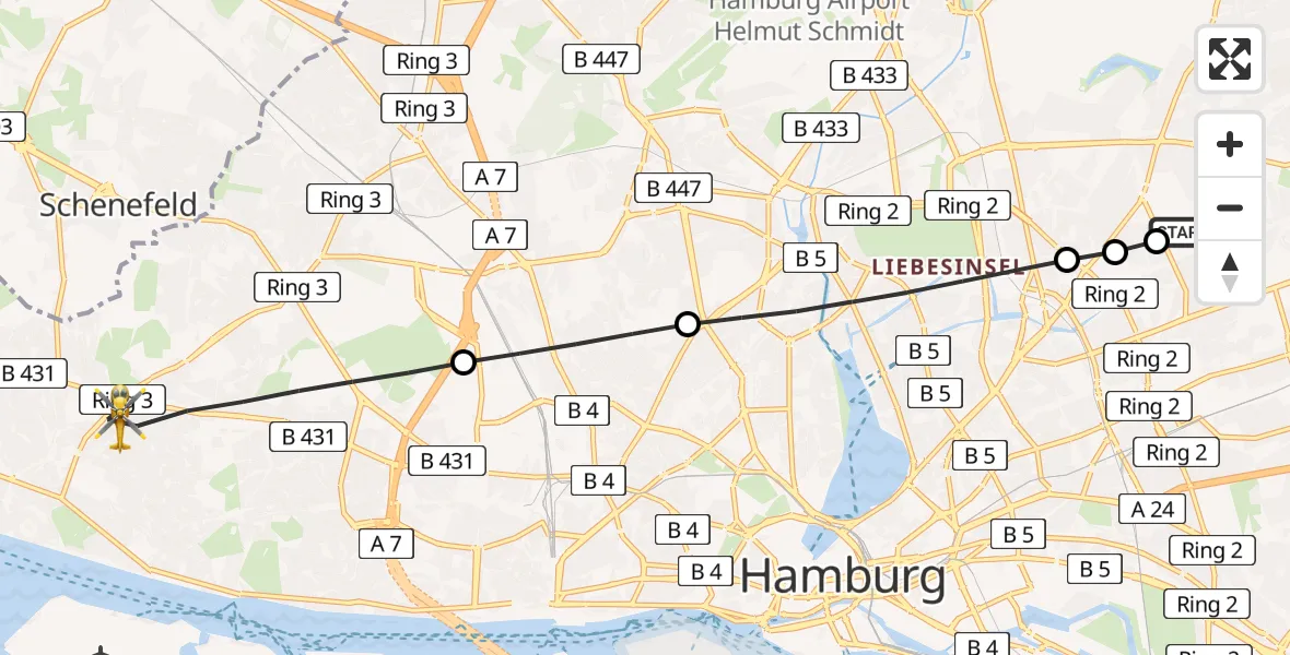 Flugroute Rettungshubschrauber Hamburg Military Hospital - Altona, 10 März 2026, 06:54