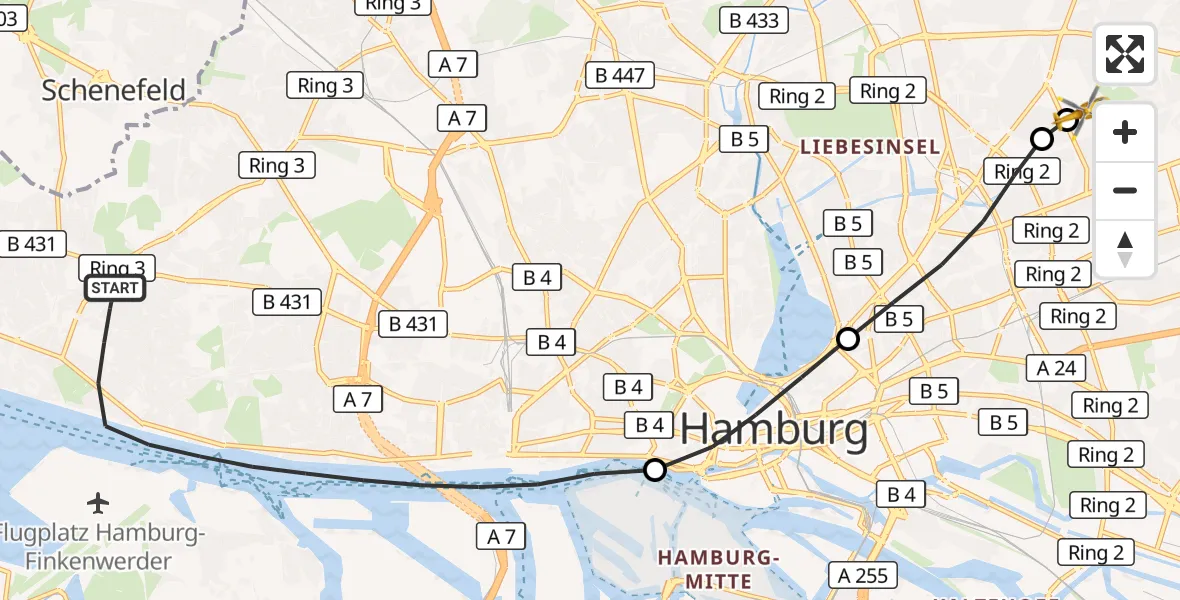 Flugroute Rettungshubschrauber Altona - Hamburg Military Hospital, 10 März 2026, 07:13