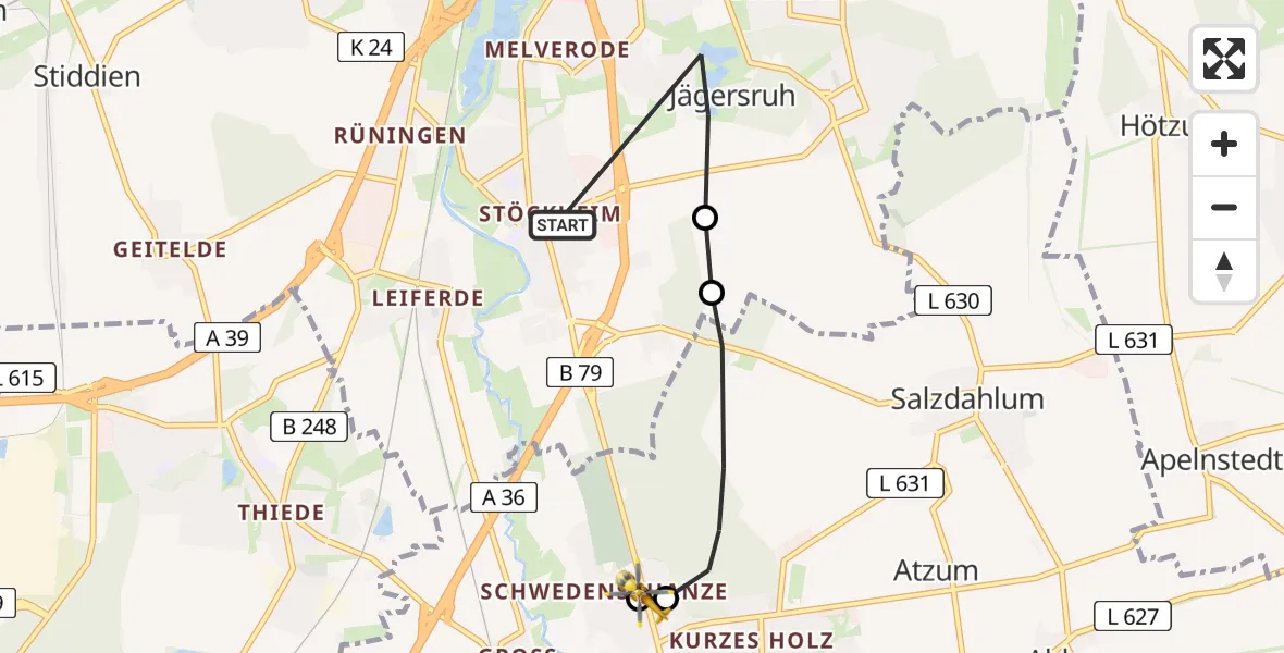 Flugroute Rettungshubschrauber Braunschweig-Süd - Wolfenbüttel Municipal Hospital Heliport (Christoph 30), 10 März 2026, 07:21