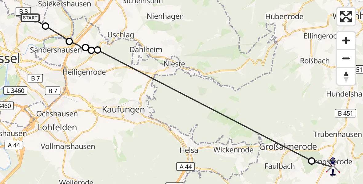 Flugroute Polizeihubschrauber Ihringshausen - Uengsterode, 10 März 2026, 07:21