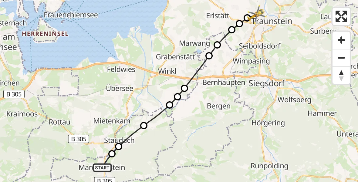 Flugroute Rettungshubschrauber Marquartstein - Traunstein Hospital, 10 März 2026, 07:24