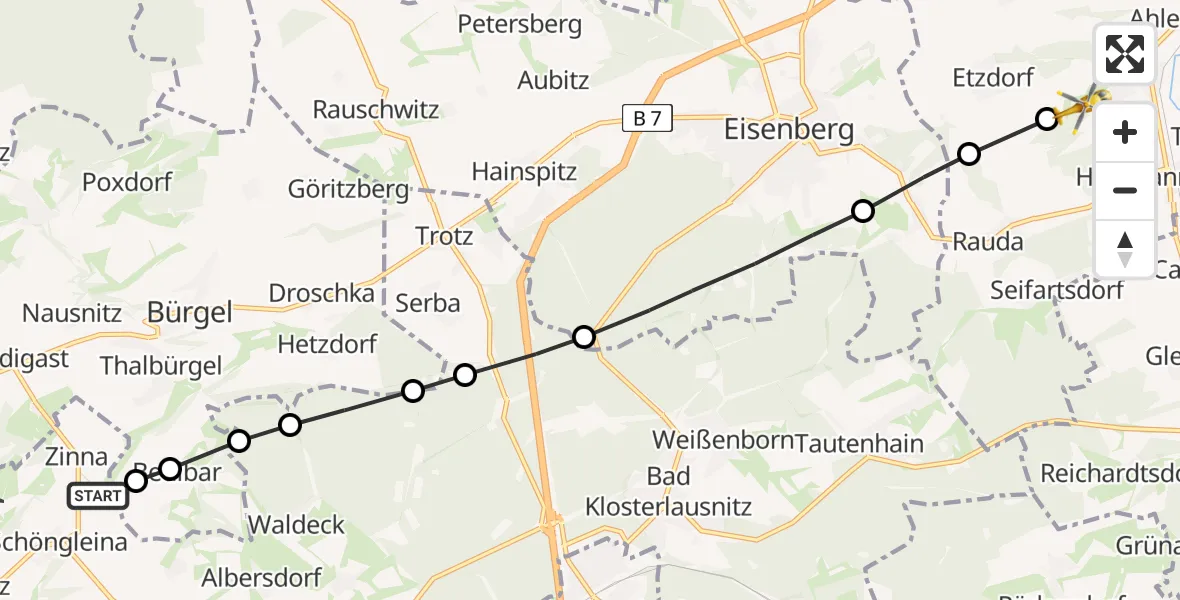 Flugroute Rettungshubschrauber Zinna - Crossen an der Elster, 10 März 2026, 07:26