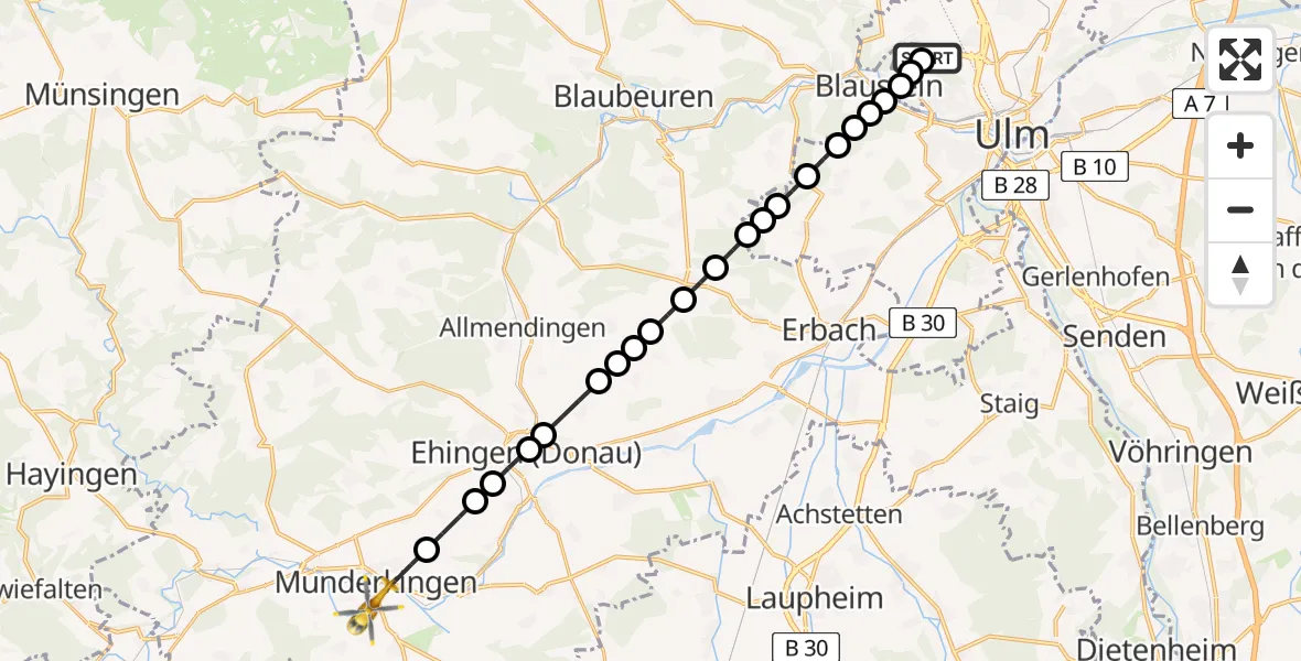 Flugroute Rettungshubschrauber Ulm Military Hospital Emergency - Munderkingen, 10 März 2026, 07:30