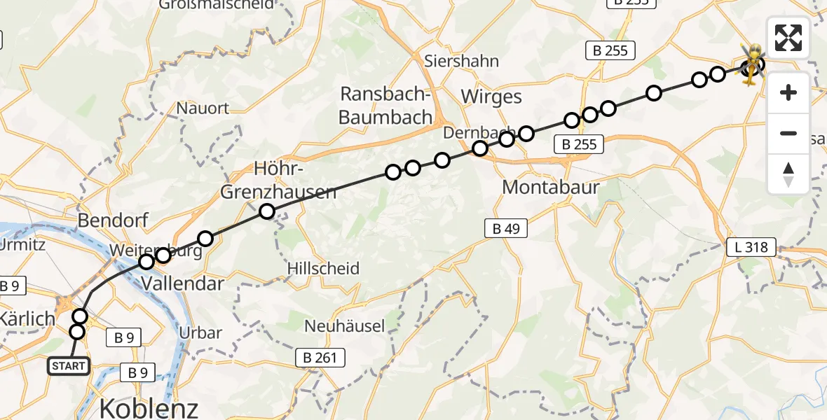 Flugroute Rettungshubschrauber Koblenz - Wallmerod, 10 März 2026, 07:39