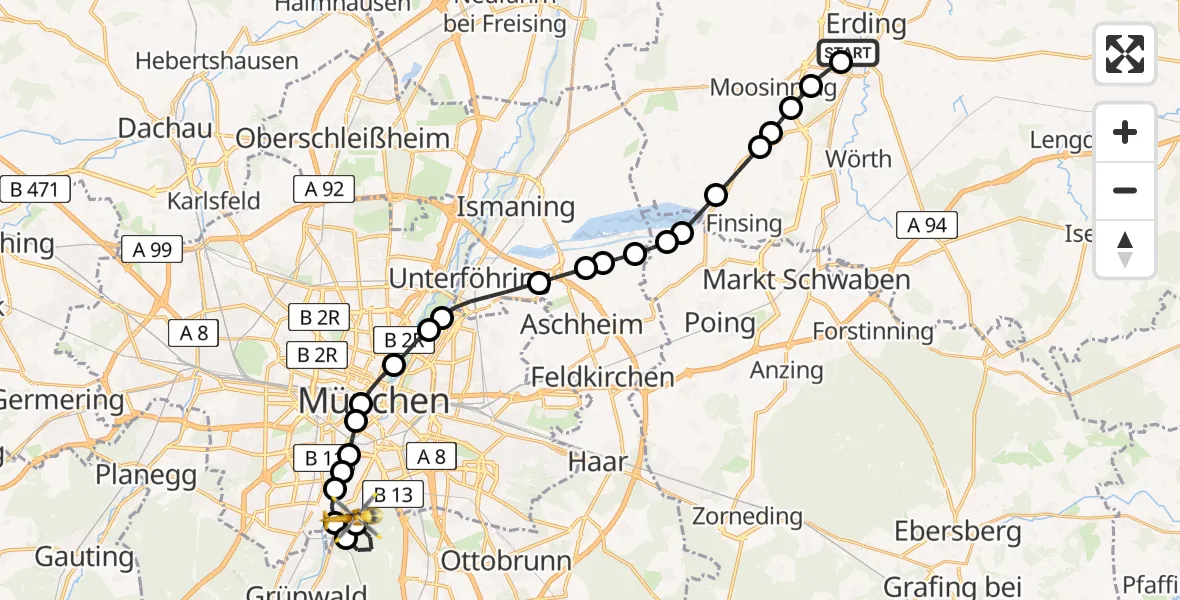 Flugroute Rettungshubschrauber Erding District Hospital - ADAC Air Rescue Center Heliport (Christoph 1), 10 März 2026, 07:41