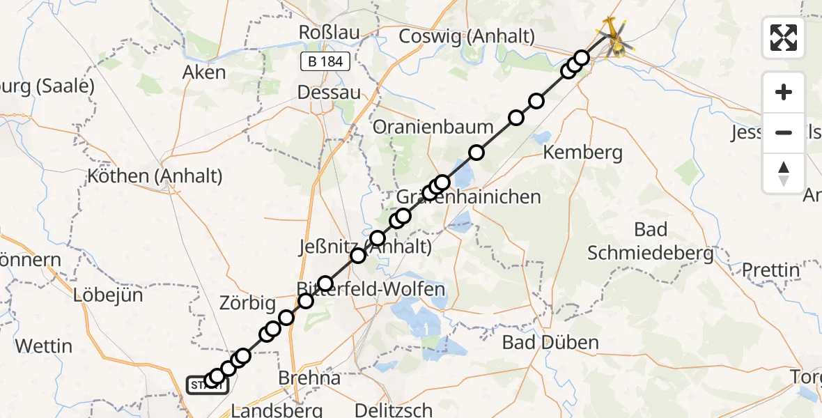 Flugroute Rettungshubschrauber Halle-Oppin Airfield - Wittenberg, 10 März 2026, 07:47