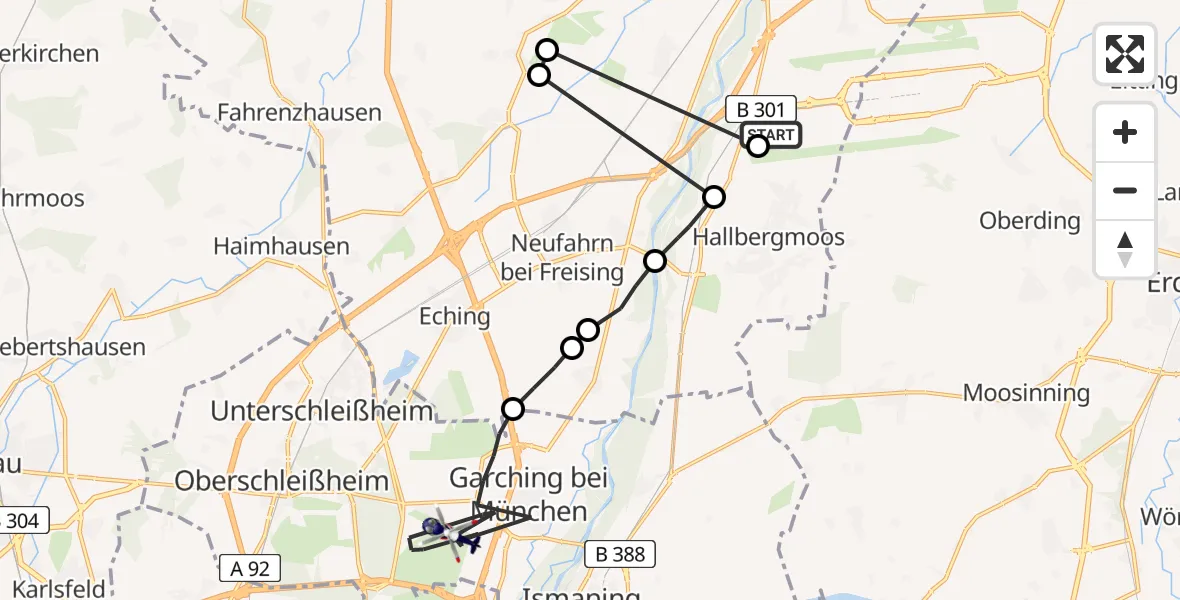 Flugroute Polizeihubschrauber Freising - Garching bei München, 10 März 2026, 07:48