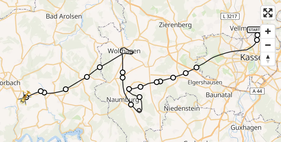 Flugroute Rettungshubschrauber Fuldatal Federal Police Heliport - Korbach, 10 März 2026, 07:52