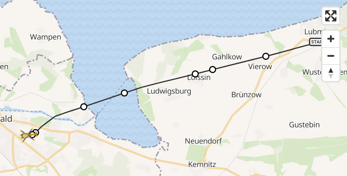 Flugroute Rettungshubschrauber Lubmin - Greifswald Hospital, 10 März 2026, 07:56