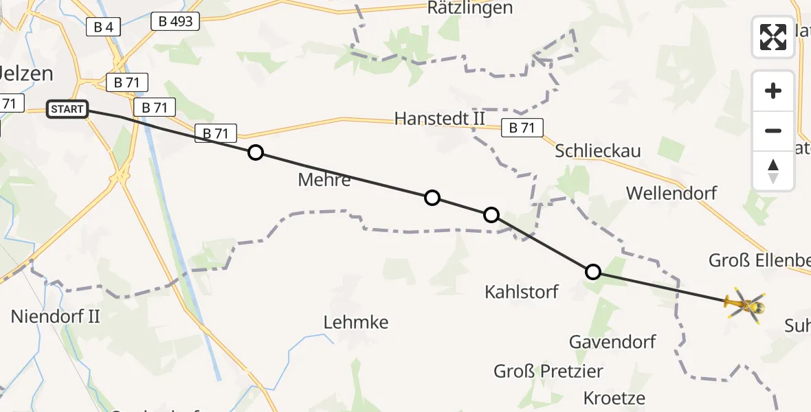 Flugroute Rettungshubschrauber Uelzen - Groß Ellenberg, 10 März 2026, 07:59