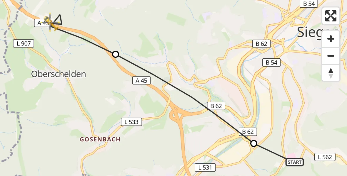 Flugroute Rettungshubschrauber Evangelisches Jung-Stilling Hospital - Oberschelden, 10 März 2026, 08:01