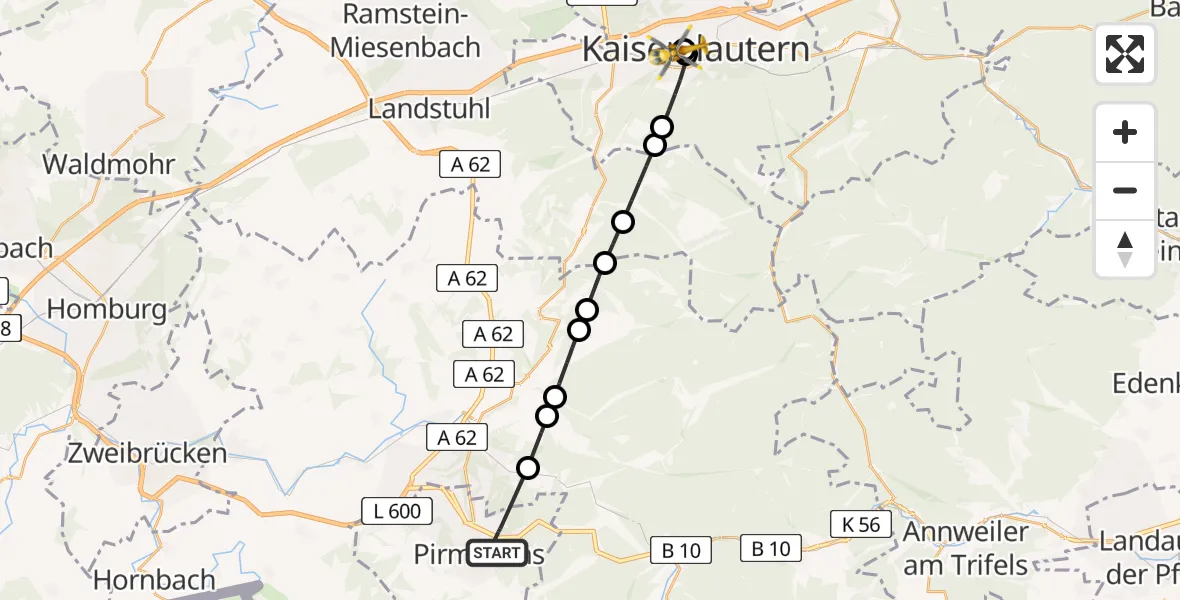 Flugroute Rettungshubschrauber Pirmasens - Westpfalz Hospital Kaiserslautern, 10 März 2026, 08:02