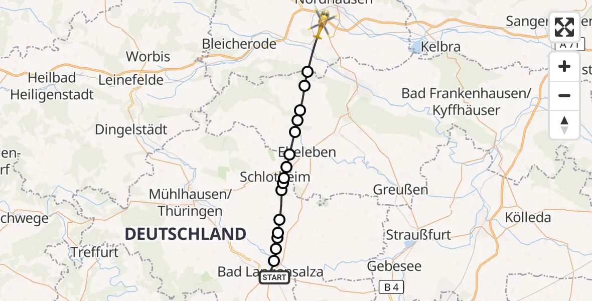 Flugroute Rettungshubschrauber Bad Langensalza - Werther, 10 März 2026, 08:02
